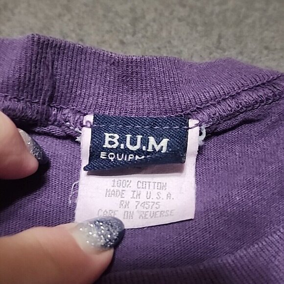 B.U.M Equipment Embroidered Spellout Purple Cotton T-shirt Vintage men's large - Picture 3 of 5